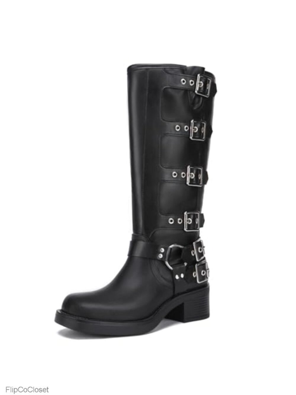 PU Leather Knee High Riding Boots Buckle Biker Chunky